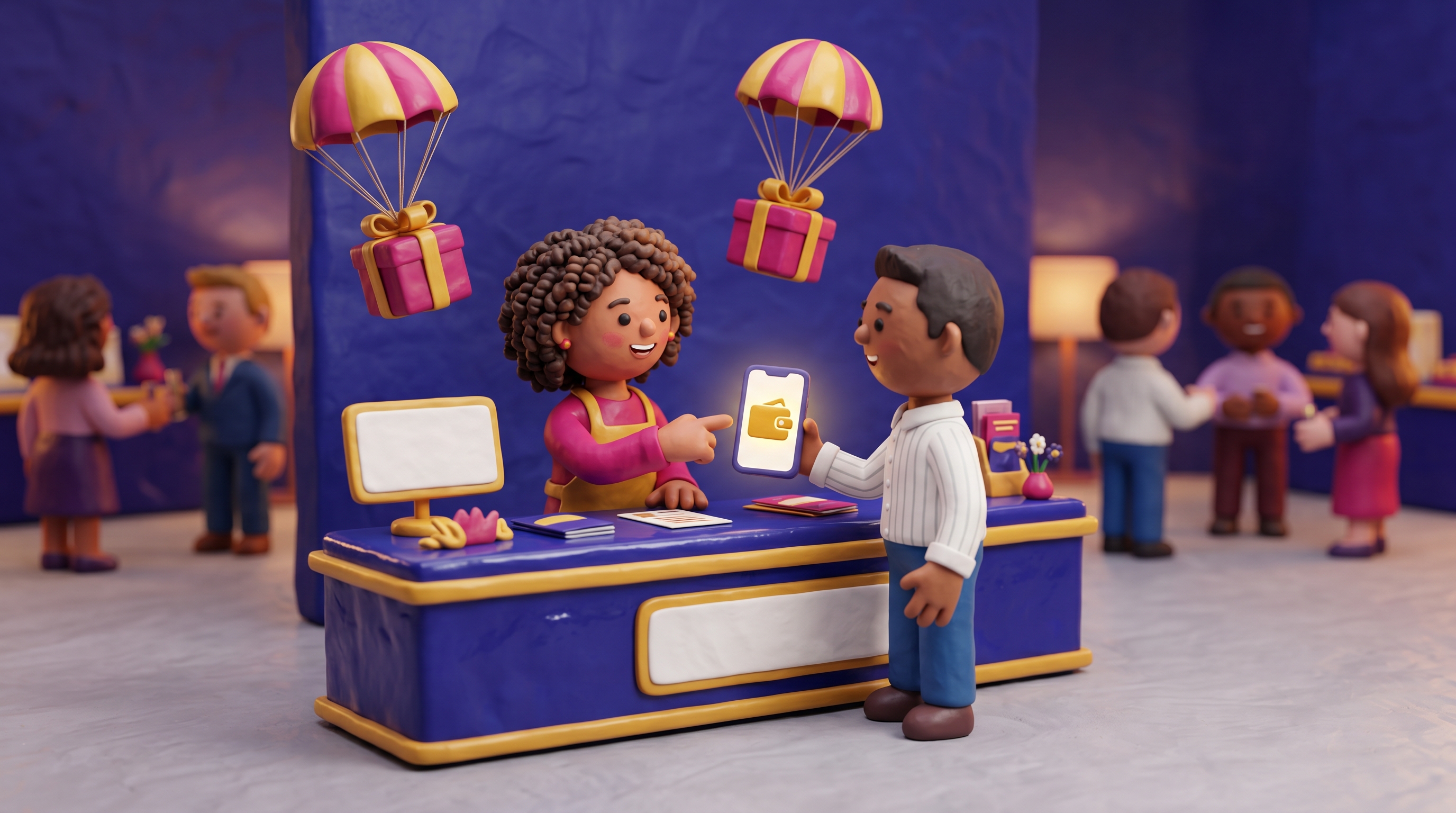 Event helper showing a newcomer how to scan a QR code with their wallet, gift parachutes floating above